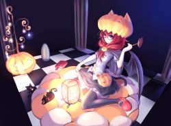 Rule 34 | 1girl, animal ears, bad id, bad pixiv id, black thighhighs, cat, cat ears, cat tail, checkered floor, front ponytail, halloween, highres, jack-o&#039;-lantern, long hair, need6699955, pumpkin, red eyes, red hair, sitting, solo, tail, thighhighs, wave505, wings