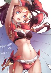 Rule 34 | 10s, 1girl, armpits, arms up, bad id, bad twitter id, belt, bikini, bikini top only, blonde hair, blue eyes, cape, christmas, clarisse (granblue fantasy), cowboy shot, dated, detached collar, fur trim, gloves, granblue fantasy, groin, hat, looking at viewer, navel, ponytail, santa hat, saraki, simple background, solo, standing, stomach, swimsuit, transparent background, twitter username, white background