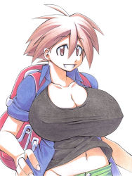 Rule 34 | 1girl, artist request, backpack, bad id, bad pixiv id, bag, breasts, brown eyes, brown hair, cleavage, covered erect nipples, grin, hand on own hip, huge breasts, midriff, navel, short hair, simple background, smile, solo, tomboy, traditional media, uccow, umihara kawase, umihara kawase (character), white background