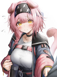 Rule 34 | 1girl, absurdres, animal ears, arknights, black hairband, blush, braid, breasts, cat ears, cat girl, cat tail, chest harness, goldenglow (arknights), hairband, harness, highres, lightning bolt print, long hair, looking at viewer, medium breasts, medium hair, pink hair, shirt, solo, tab head, tail, white background, yellow eyes