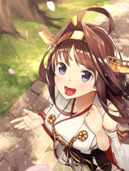 Rule 34 | 10s, 1girl, :d, absurdres, ahoge, aiguillette, baffu, bare shoulders, black skirt, blush, brown hair, cherry blossoms, collarbone, commentary request, dappled sunlight, day, detached sleeves, double bun, eyebrows, forest, from above, grass, hair intakes, hairband, hand on own chest, headgear, highres, holding, japanese clothes, kantai collection, kimono, kongou (kancolle), light rays, long hair, looking afar, looking up, nature, nontraditional miko, open hand, open mouth, palms, petals, plant, pleated skirt, pointy ears, purple eyes, red ribbon, ribbon, ribbon-trimmed sleeves, ribbon trim, skirt, smile, solo, standing, sunlight, tareme, teeth, tree, very long hair