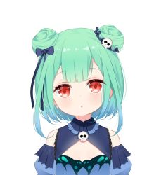 Rule 34 | 1girl, :o, bare shoulders, black bow, blue dress, blue sleeves, bow, detached sleeves, deyui, double bun, dress, earrings, green hair, hair bow, hair bun, hair ornament, highres, hololive, jewelry, looking at viewer, parted lips, puffy sleeves, red eyes, simple background, skull earrings, skull hair ornament, sleeveless, sleeveless dress, solo, upper body, uruha rushia, uruha rushia (1st costume), virtual youtuber, white background