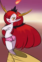Rule 34 | 1girl, ass, blush, brown eyes, colored sclera, colored skin, covering privates, covering breasts, crotch seam, demon girl, demon horns, disney, drantyno, embarrassed, fangs, fire, from behind, grey skin, hair over one eye, hekapoo, highres, horns, long hair, looking at viewer, looking back, open mouth, panties, pink panties, pointy ears, polka dot, polka dot panties, princess, purple thighhighs, red hair, standing, star vs the forces of evil, surprised, teeth, thighhighs, tiara, topless, underwear, yellow sclera