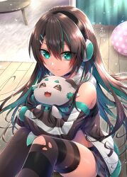 Rule 34 | 1girl, animal, animal hug, brown hair, carpet, chigusa hayanagi, colored inner hair, detached sleeves, fang, green eyes, hair ornament, hairclip, headphones, highres, hood, hoodie, looking at viewer, midriff, multicolored hair, reface music production, routo (rot 0), smile, solo, streaked hair, table, thighhighs, torn clothes, torn thighhighs, virtual youtuber