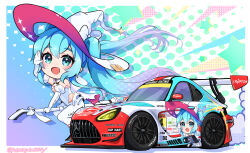 Rule 34 | 1girl, absurdres, ankle bow, ankle ribbon, blue eyes, blue hair, blush, bow, broom, broom riding, car, chibi, covered navel, crypton future media, detached sleeves, elbow gloves, enkei, gloves, goodsmile racing, gradient hair, hat, hatsune miku, high heels, highres, itasha, leotard, logo, mercedes-benz, mercedes-benz amg gt, motor vehicle, multicolored hair, open hand, open mouth, pants, peteron, puffy short sleeves, puffy sleeves, purple hair, race vehicle, racecar, racing miku, racing miku (2024), ribbon, short sleeves, simple background, smile, solo, spoiler (automobile), sponsor, super gt, twintails, twitter username, vehicle focus, vocaloid, white background, white bow, white footwear, white hat, white leotard, white pants, witch hat, yoga pants, yokohama tire