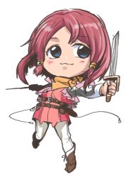 Rule 34 | 10s, 1girl, belt, blue eyes, blush, breasts, chibi, frills, hair ornament, hair tubes, hood, jacket, knife, pants, red hair, rose (tales), scarf, shoes, smile, tales of (series), tales of zestiria, weapon