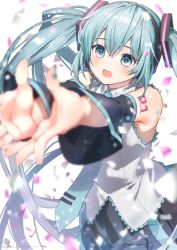 Rule 34 | 1girl, :o, aqua eyes, aqua hair, aqua nails, aqua necktie, arms up, bare shoulders, black sleeves, blurry, blush, collared shirt, depth of field, detached sleeves, floating hair, foreshortening, from above, grey shirt, hair between eyes, hatsune miku, headphones, headset, highres, lace trim, long hair, looking ahead, looking up, nail polish, necktie, number tattoo, open mouth, petals, pleated skirt, reaching, reaching towards viewer, ryota (ry o ta), shirt, simple background, skirt, sleeveless, sleeveless shirt, solo, tattoo, twintails, upper body, very long hair, vocaloid, white background