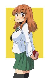 Rule 34 | 1girl, :t, aono3, arms behind back, black neckerchief, black thighhighs, blouse, blunt bangs, blush, closed mouth, commentary request, cowboy shot, flying sweatdrops, from side, frown, girls und panzer, green skirt, highres, holding, holding behind back, long hair, long sleeves, looking at viewer, miniskirt, neckerchief, holding behind back, ooarai school uniform, orange eyes, orange hair, outside border, pleated skirt, school uniform, serafuku, shirt, skindentation, skirt, solo, standing, takebe saori, thighhighs, white shirt, yellow background