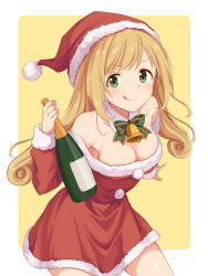 Rule 34 | 1girl, armpits, bare shoulders, bell, blush, bottle, breasts, champagne bottle, christmas, cleavage, curly hair, detached collar, fur-trimmed collar, fur trim, hat, holding, holding bottle, idolmaster, idolmaster cinderella girls, long hair, looking at viewer, medium breasts, mugi (banban53), naughty face, parted bangs, pom pom (clothes), raised eyebrows, santa costume, santa hat, sato shin, solo, thighs, tongue, tongue out, two-tone background, white background, yellow background