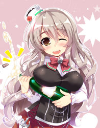 Rule 34 | 10s, 1girl, ;d, bad id, bad pixiv id, blush, bottle, brown eyes, cork, corset, grey hair, hat, kantai collection, long hair, maruchan., one eye closed, open mouth, pola (kancolle), smile, solo, wavy hair, wine bottle
