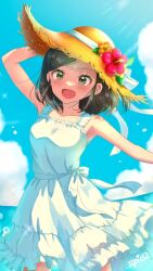Rule 34 | 1girl, armpits, black eyes, black hair, blue sky, blurry, blurry background, blush, bow, collarbone, day, dot nose, dress, flower, frilled dress, frills, hat, hibiscus, highres, holding, holding clothes, holding hat, idolmaster, idolmaster cinderella girls, idolmaster cinderella girls starlight stage, lens flare, looking at viewer, ocean, oekakispica, open mouth, outdoors, saejima kiyomi, short hair, signature, sky, sleeveless, sleeveless dress, smile, solo, straw hat, sunlight, waist bow, white dress