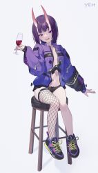 Rule 34 | 1girl, alcohol, black panties, bob cut, breasts, cup, drinking glass, eyeliner, fate/grand order, fate (series), fishnet thighhighs, fishnets, highres, horns, jacket, long sleeves, looking at viewer, makeup, navel, oni, open clothes, open jacket, open mouth, panties, purple eyes, purple footwear, purple hair, purple jacket, shoes, short hair, shuten douji (fate), single thighhigh, sitting, skin-covered horns, small breasts, smile, sneakers, solo, stool, thighhighs, underwear, white background, wine, wine glass, yeh (354162698)