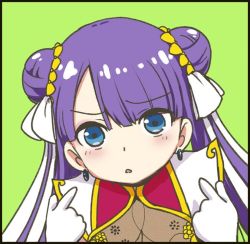Rule 34 | 1girl, aoba (smartbeat), blue eyes, blunt bangs, blush, double bun, earrings, fate/grand order, fate (series), gloves, green background, hair bun, hair ribbon, jewelry, long hair, looking at viewer, martha (fate), martha (traveling outfit) (fate), parted lips, purple hair, ribbon, white gloves, white ribbon