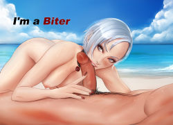 Rule 34 | 1boy, 1girl, ass, bare shoulders, beach, biting, bottomless, breasts, cherry-gig, choker, christie (doa), cleavage, day, dead or alive, english text, erection, eyelashes, girl on top, grey eyes, grey hair, hetero, large breasts, legs, looking at viewer, medium hair, nail polish, nipples, nude, oral, outdoors, penis, pubic hair, short hair, solo focus, thighs, topless, uncensored, wet, white hair