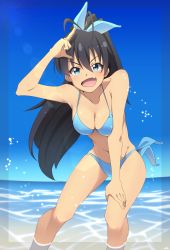 Rule 34 | 1girl, absurdres, antenna hair, bad id, bad pixiv id, bikini, black hair, blue bikini, blue eyes, breasts, earrings, fang, ganaha hibiki, hand on own thigh, hand on thigh, high ponytail, highres, hoop earrings, idolmaster, idolmaster (classic), jewelry, leaning forward, looking at viewer, medium breasts, miton (turuyasann), open mouth, partially submerged, ponytail, salute, side-tie bikini bottom, solo, swimsuit, wading, water