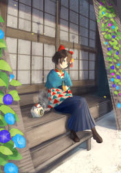 Rule 34 | 1girl, absurdres, alternate costume, aqua eyes, architecture, blue skirt, boots, bow, brown hair, day, east asian architecture, hair bow, highres, hololive, long skirt, oozora subaru, oozora subaru (new year), outdoors, plant, pleated skirt, porch, short hair, sitting, skirt, smile, smoke, solo, vines, virtual youtuber, xyunx