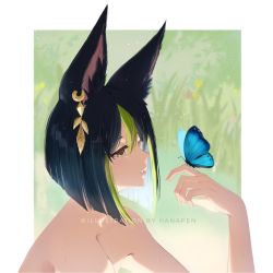Rule 34 | 1boy, animal ear fluff, animal ears, artist name, bare shoulders, bishounen, black hair, blue butterfly, blunt ends, brown eyes, bug, butterfly, butterfly on hand, colored eyelashes, commentary request, earrings, fox boy, fox ears, genshin impact, grass, green background, green eyes, green hair, hair between eyes, hanapen, hand up, insect, jewelry, looking away, male focus, mixed-language commentary, multicolored background, multicolored eyes, multicolored hair, parted lips, profile, short hair, sidelocks, single earring, solo, streaked hair, tighnari (genshin impact), topless, upper body, watermark, wet, white background