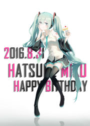 Rule 34 | 1girl, 2016, arm support, black footwear, black skirt, blue hair, blue necktie, boots, cake, character name, dated, detached sleeves, dress shirt, food, full body, grey eyes, hair between eyes, hair ornament, happy birthday, hatsune miku, highres, holding, long hair, looking at viewer, miniskirt, muta (csw), necktie, pleated skirt, shirt, simple background, skirt, sleeveless, sleeveless shirt, solo, tattoo, thigh boots, thighhighs, twintails, very long hair, vocaloid, white background, white shirt, zettai ryouiki