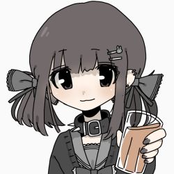 Rule 34 | 1girl, :3, black eyes, black hair, black nails, bow, chocolate milk, closed mouth, collar, cup, drinking glass, ear piercing, english text, grey bow, hair bow, hair ornament, hairclip, highres, holding, holding cup, looking at viewer, low twintails, nail polish, original, piercing, short hair, short twintails, smile, snale, solo, spiked collar, spikes, twintails