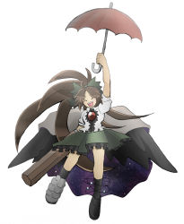 Rule 34 | 1girl, 5515hr, :d, arm cannon, asymmetrical footwear, atom, bird wings, black footwear, black socks, black wings, bow, breasts, brown hair, cape, closed eyes, collared shirt, commentary request, control rod, frilled skirt, frills, full body, green bow, hair bow, highres, holding, holding umbrella, kneehighs, long hair, medium breasts, mismatched footwear, open mouth, ponytail, puffy short sleeves, puffy sleeves, red umbrella, reiuji utsuho, shirt, shoes, short sleeves, simple background, single shoe, skirt, smile, socks, solo, starry sky print, teeth, third eye, touhou, umbrella, upper teeth only, very long hair, weapon, white background, white cape, white shirt, wings