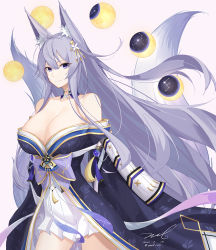 Rule 34 | 1girl, animal ears, armor, azur lane, bare shoulders, black kimono, breasts, cleavage, collarbone, constellation, cowboy shot, detached collar, fox ears, fox girl, fox tail, huge breasts, japanese armor, japanese clothes, kimono, kitsune, large tail, long hair, long sleeves, looking at viewer, moon phases, multiple tails, off shoulder, pleated skirt, purple eyes, shinano (azur lane), shoulder armor, silver hair, simple background, skirt, smile, sode, solo, tail, unel, very long hair, white background, white skirt