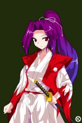 Rule 34 | 1girl, alphes (style), black background, female focus, hair ribbon, hakama, hakama pants, japanese clothes, kaoru (gensou yuugen-an), kimono, long hair, long sleeves, meira (touhou), pants, parody, ponytail, purple hair, red eyes, ribbon, samurai, scabbard, sheath, sheathed, simple background, solo, style parody, sword, the story of eastern wonderland, touhou, touhou (pc-98), weapon