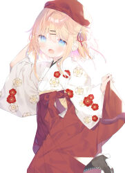 Rule 34 | 1girl, :d, absurdres, arm behind head, arm up, beret, black footwear, blonde hair, blue eyes, blush, boots, commentary request, cross-laced footwear, floral print, hair between eyes, hair ornament, hairclip, hakama, hakama skirt, hat, high heel boots, high heels, highres, japanese clothes, kimono, lace-up boots, long sleeves, looking at viewer, open mouth, original, red hakama, red hat, simple background, skirt, smile, solo, white background, white kimono, wide sleeves, yuizaki kazuya