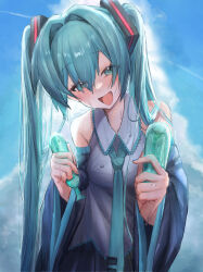 1girl aqua_ascot aqua_eyes aqua_hair aqua_nails aqua_necktie aqua_theme ascot black_sleeves detached_sleeves hatsune_miku highres holding kanimiso_uni looking_at_viewer necktie open_mouth tagme twintails vocaloid