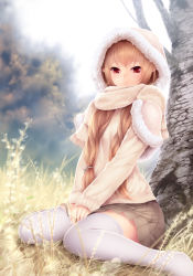 Rule 34 | 1girl, brown hair, cait aron, day, highres, hood, leaf, long hair, looking at viewer, original, outdoors, pleated skirt, pointy ears, red eyes, scarf, sitting, skirt, sleeves past wrists, solo, thighhighs, tree, v arms, wariza, white thighhighs