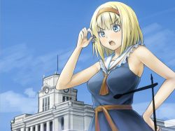 Rule 34 | &gt;:o, 2girls, :o, alice margatroid, angry, antennae, apron, armpits, bare shoulders, black dress, blonde hair, blue dress, blue eyes, blue sky, bow, breasts, building, city, clock, cowboy shot, day, dress, giant, giantess, hand on own hip, hat, hat bow, headband, holding, kirisame marisa, kuro oolong, lamp, lamppost, large breasts, looking at another, md5 mismatch, multiple girls, neckerchief, open mouth, outdoors, resized, resolution mismatch, ribbon, sailor collar, sky, sleeveless, source larger, taitou (tokyo), tokyo (city), touhou, v-shaped eyebrows, witch hat