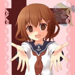 Rule 34 | 10s, 2girls, batsubyou, blush, brown eyes, brown hair, cat, empty eyes, error musume, fang, girl behind a cat (kancolle), girl holding a cat (kancolle), hair ornament, hairclip, hat, ikazuchi (kancolle), kantai collection, long hair, long sleeves, multiple girls, negishio, open mouth, personification, school uniform, serafuku, short hair, smile, twintails, yandere