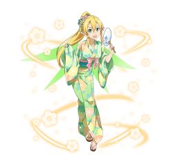 Rule 34 | 1girl, :d, blonde hair, collarbone, hand fan, feet, full body, green eyes, green kimono, hair between eyes, hair ornament, high ponytail, holding, holding fan, japanese clothes, kimono, leafa, leaning forward, long hair, looking at viewer, obi, open mouth, pointy ears, sash, smile, solo, standing, sword art online, toes, transparent background, very long hair, yukaa