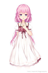 Rule 34 | 1girl, artist name, blue eyes, dress, frilled dress, frills, hand on own chest, jewelry, koto-channel, kotoha (koto channel), long hair, looking at viewer, necklace, open mouth, original, pink hair, senji (tegone spike), solo, white background