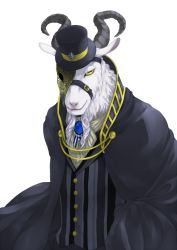 Rule 34 | 1boy, artist request, beard, belt, cape, ascot, demon, facial hair, flower, formal, goat, hat, horns, male focus, mask, overlord (maruyama), pinstripe pattern, pinstripe suit, rose, simple background, solo, striped, suit, ulbert alain odle, white background, yellow eyes