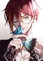 Rule 34 | 1boy, akuma shitsuji to kuroi neko, black jacket, blue butterfly, bug, butterfly, butterfly on hand, closed mouth, collared shirt, earrings, fennesz oswald, highres, insect, jacket, jewelry, male focus, monocle, ohachi08, one eye closed, orange hair, red hair, shirt, short hair, solo, stud earrings, white background, white shirt, yellow eyes