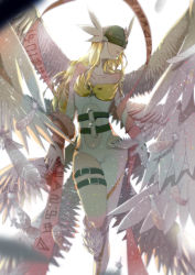 Rule 34 | 1girl, angel wings, angewomon, armor, arms at sides, artist name, asymmetrical clothes, asymmetrical legwear, backlighting, bare shoulders, belt, blindfold, blonde hair, blurry, bodysuit, bokeh, boots, breastplate, breasts, buckle, center opening, cleavage, clothing cutout, covered eyes, cropped legs, depth of field, detached collar, digimon, digimon (creature), digimon adventure, expressionless, feathered wings, feathers, female focus, gloves, hagoromo, head wings, helmet, jewelry, large breasts, leg belt, long hair, low wings, multiple wings, navel, navel cutout, parted lips, pink lips, ring, runes, shawl, side cutout, simple background, single glove, solo, standing, standing on one leg, stomach, strapless, thigh strap, thighs, uneven legwear, visor, white background, white footwear, white gloves, white wings, winged helmet, wings, winni, writing