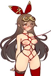 Rule 34 | 1girl, absurdres, amber (genshin impact), bare shoulders, blush, bound, breasts, cleavage, genshin impact, goggles, goggles on head, hair between eyes, hair ribbon, highres, long hair, navel, nipples, nude, onomesin, pouty lips, red eyes, red ribbon, ribbon, solo, thighhighs, tied up