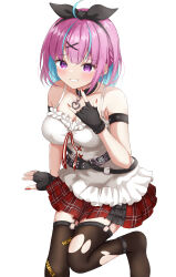Rule 34 | 1girl, @ @, absurdres, ahoge, armband, belt, black armband, black belt, black choker, black gloves, black ribbon, black thighhighs, blue hair, blush, braid, breasts, camisole, caution, choker, cleavage, colored inner hair, cosplay, embarrassed, fingerless gloves, frilled camisole, frills, garter straps, gloves, hair ornament, hair ribbon, hairclip, heart, heart collar, highres, hololive, invisible chair, large breasts, looking at viewer, medium breasts, minato aqua, multicolored hair, multiple belts, nail polish, pink hair, plaid, plaid skirt, pleated skirt, purple eyes, red nails, red skirt, ribbon, rinkaa (lovelive765pro2), sakamata chloe, sakamata chloe (1st costume), sakamata chloe (cosplay), short hair, simple background, sitting, skirt, smile, solo, streaked hair, sweatdrop, tearing up, thighhighs, torn clothes, torn thighhighs, virtual youtuber, white background, white camisole, x hair ornament