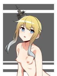 Rule 34 | 1girl, :o, azur lane, blonde hair, blue hair, blush, braid, breasts, collarbone, french braid, gradient hair, grey background, headgear, highres, multicolored hair, nezuko, nipples, nude, open mouth, renown (azur lane), short hair with long locks, sidelocks, small breasts, solo, two-tone background, upper body