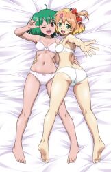 Rule 34 | 2girls, ;d, \n/, arm around waist, ass, back, barefoot, bed sheet, blonde hair, bow, bow bra, bow panties, bra, breasts, commission, crotch seam, freyja wion, from above, gluteal fold, green eyes, green hair, hair bow, hair ornament, heart, heart hair ornament, highres, in-franchise crossover, lace, lace-trimmed bra, lace-trimmed panties, lace trim, lying, macross, macross delta, macross frontier, multiple girls, navel, on back, on bed, on stomach, one eye closed, one side up, open mouth, panties, ranka lee, reaching, reaching towards viewer, red bow, red eyes, in-franchise crossover, short hair, short twintails, skeb commission, small breasts, smile, trefoil, twintails, underwear, underwear only, vierosky, white panties