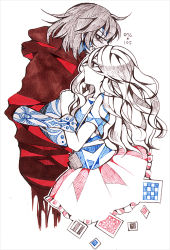 Rule 34 | 1boy, 1girl, blue theme, camera, cape, couple, hand fan, long hair, multiple monochrome, red theme, scp-076-2, scp-105, scp foundation, seriko (seo77000), sharp teeth, simple background, skirt, teeth, white background