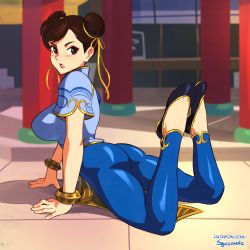 Rule 34 | 1girl, arched back, artist name, black footwear, blue pants, breasts, brown eyes, brown hair, capcom, chinese clothes, chun-li, commentary, double bun, english commentary, feet up, full body, hair bun, hair ribbon, large breasts, looking at viewer, lying, on stomach, pants, parted lips, pelvic curtain, ribbon, shoes, short hair, short sleeves, solo, squeezable (squeezabledraws), street fighter, street fighter 6, yellow ribbon