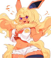 Rule 34 | animal ears, blonde hair, breasts, breath weapon, breathing fire, cleavage, creatures (company), fire, flareon, fur collar, furry, furry female, game freak, gen 1 pokemon, highres, large breasts, long hair, looking at viewer, midriff, navel, nintendo, orange fur, pokemon, pokemon (creature), purple eyes, sailor collar, short shorts, shorts, smile, tail, thick thighs, thighhighs, thighs, togetoge, wide hips, zettai ryouiki