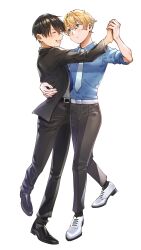 Rule 34 | 2boys, absurdres, belt, black footwear, black hair, black jacket, black pants, black socks, blue shirt, blush, bomhat, closed mouth, commentary, couple, dancing, eugeo, full body, green eyes, grey pants, hand on another&#039;s waist, hand up, highres, holding hands, jacket, kirito, laughing, male focus, multiple boys, necktie, outstretched arm, pants, shirt, simple background, sleeves rolled up, smile, socks, standing, standing on one leg, sword art online, white background, white footwear, white necktie, yaoi