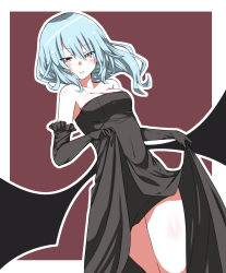 Rule 34 | 1girl, :d, alternate costume, bare shoulders, bat wings, black dress, blue hair, blush, body blush, breasts, cleavage, clothes lift, commentary, dress, dress lift, elbow gloves, gloves, highres, kz oji, long hair, looking at viewer, low wings, medium breasts, aged up, open mouth, red eyes, remilia scarlet, slit pupils, smile, solo, strapless, strapless dress, thighs, touhou, wings