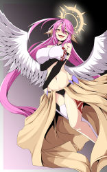 Rule 34 | 1girl, absurdres, ahoge, angel wings, blush, breast hold, breasts, bridal gauntlets, brown eyes, commentary request, spiked halo, crop top, cross, evil smile, feathered wings, hair between eyes, halo, highres, jibril (no game no life), long hair, looking at viewer, low wings, magic circle, midriff, mr.bong9s, navel, no game no life, open mouth, pink hair, single thighhigh, smile, solo, symbol-shaped pupils, tattoo, thighhighs, very long hair, white wings, wing ears, wings