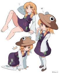 Rule 34 | 1girl, :p, ?, all fours, arm behind head, arm up, artist name, barefoot, blonde hair, brown footwear, brown headwear, clothes lift, commentary, feet, hand to own mouth, hat, highres, knee up, legs, lying, moriya suwako, multiple views, nail polish, on back, panties, panty peek, purple skirt, purple vest, pyonta, ramudia (lamyun), shirt, shoes, short hair, skirt, skirt lift, standing, symbol-only commentary, thighhighs, thighs, toenail polish, toenails, toes, tongue, tongue out, touhou, underwear, vest, white panties, white shirt, white thighhighs, yellow eyes