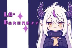 Rule 34 | 1girl, :3, ahoge, black background, black dress, blush, braid, braided bangs, brown eyes, character name, closed mouth, commentary, demon horns, dress, hololive, horns, la+ darknesss, la+ darknesss (1st costume), long sleeves, outline, pixelated, pointy ears, purple hair, ran (ran ran010), sleeves past fingers, sleeves past wrists, solo, sparkle, two-tone background, upper body, virtual youtuber, white background, white hair, white outline