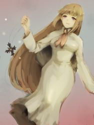 Rule 34 | 1girl, blue eyes, blush, breasts, closed mouth, cross, cross necklace, dress, jewelry, long hair, necklace, orange hair, simple background, smile, solo, sophia (xenogears), xenogears, yamamori kinako