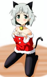 Rule 34 | 1girl, animal ears, bare shoulders, bell, black pantyhose, blush, cat ears, cat girl, cat tail, christmas, collar, female focus, green eyes, highres, jewelry, jingle bell, neck bell, necklace, pantyhose, ribbon, santa costume, sanya v. litvyak, short hair, silver hair, solo, strike witches, tail, world witches series, yumekaranigeruna